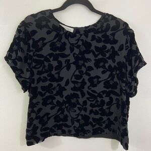 Vintage Blouse Black Velvet Burnout Beaded Cropped XL Silk Whimsigoth Witchy